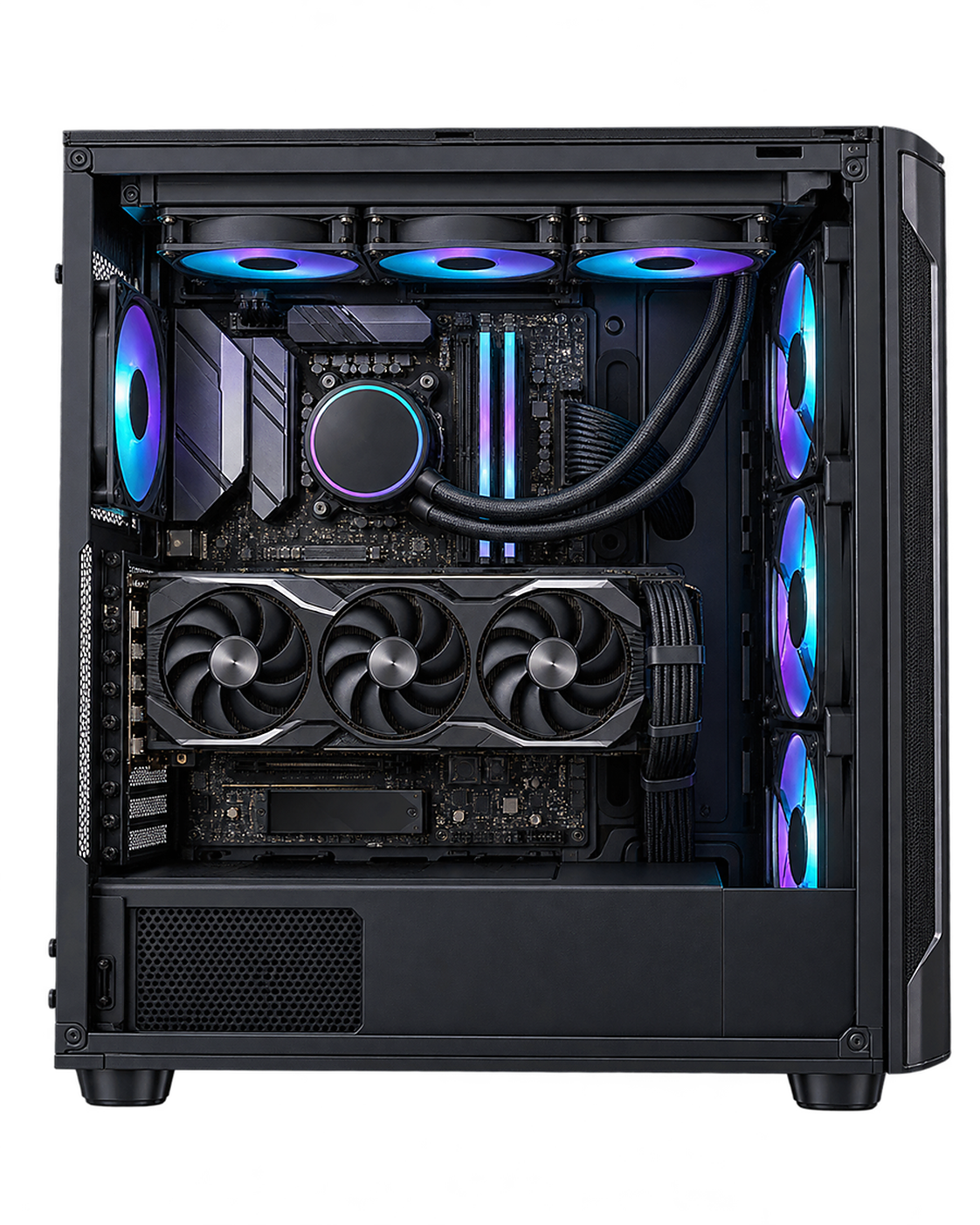 Vista lateral de una PC gamer con sus componentes internos
